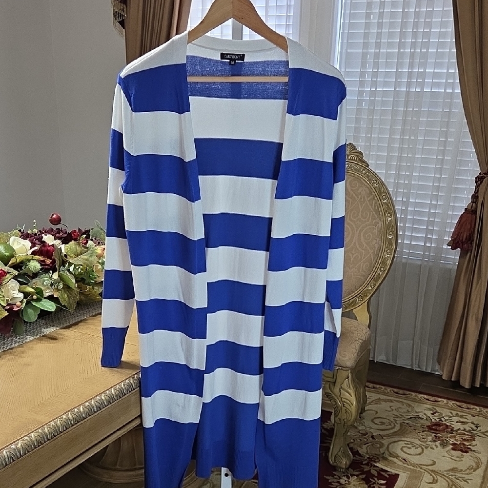 Royal Blue and White Striped Cardigan